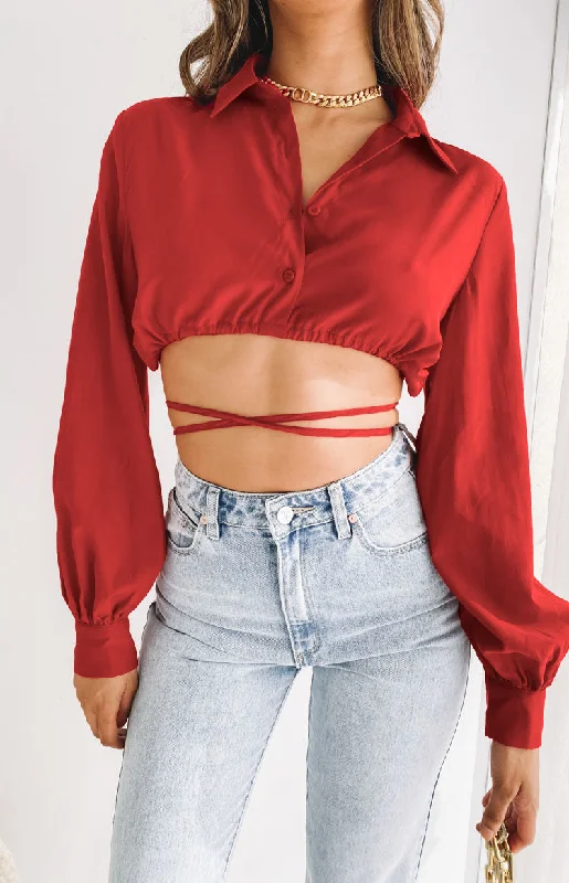 Organic Cotton Women Long Sleeve Top for Eco - Friendly ComfortSaddle Up Crop Red