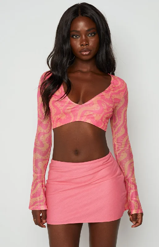 Wrap - Style Women Long Sleeve Top for a Versatile FitSookie Pink Print Top