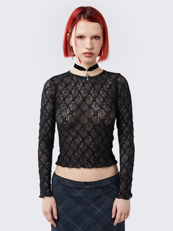 Cropped Women Long Sleeve Top to Pair with High - Waisted BottomsLyra Black Floral Lace Top