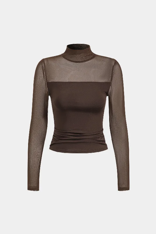 Lace - Trimmed Women Long Sleeve Top for an Elegant LookMesh Patchwork Round Neck Long-Sleeve Top