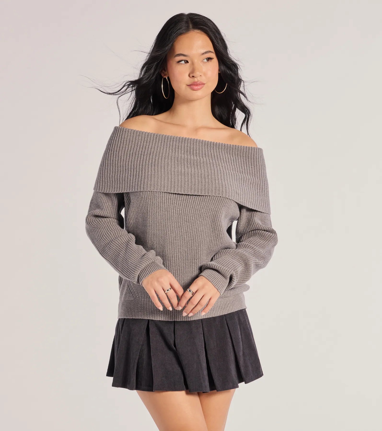 Plaid Women Long Sleeve Top for a Preppy VibeCozy Factor Ribbed Knit Off-The-Shoulder Sweater