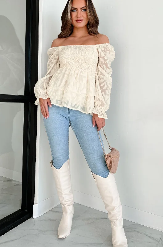 Ribbed Women Long Sleeve Top with a Textured AppealBlossoming With Grace Smocked Floral Textured Blouse (Ivory)