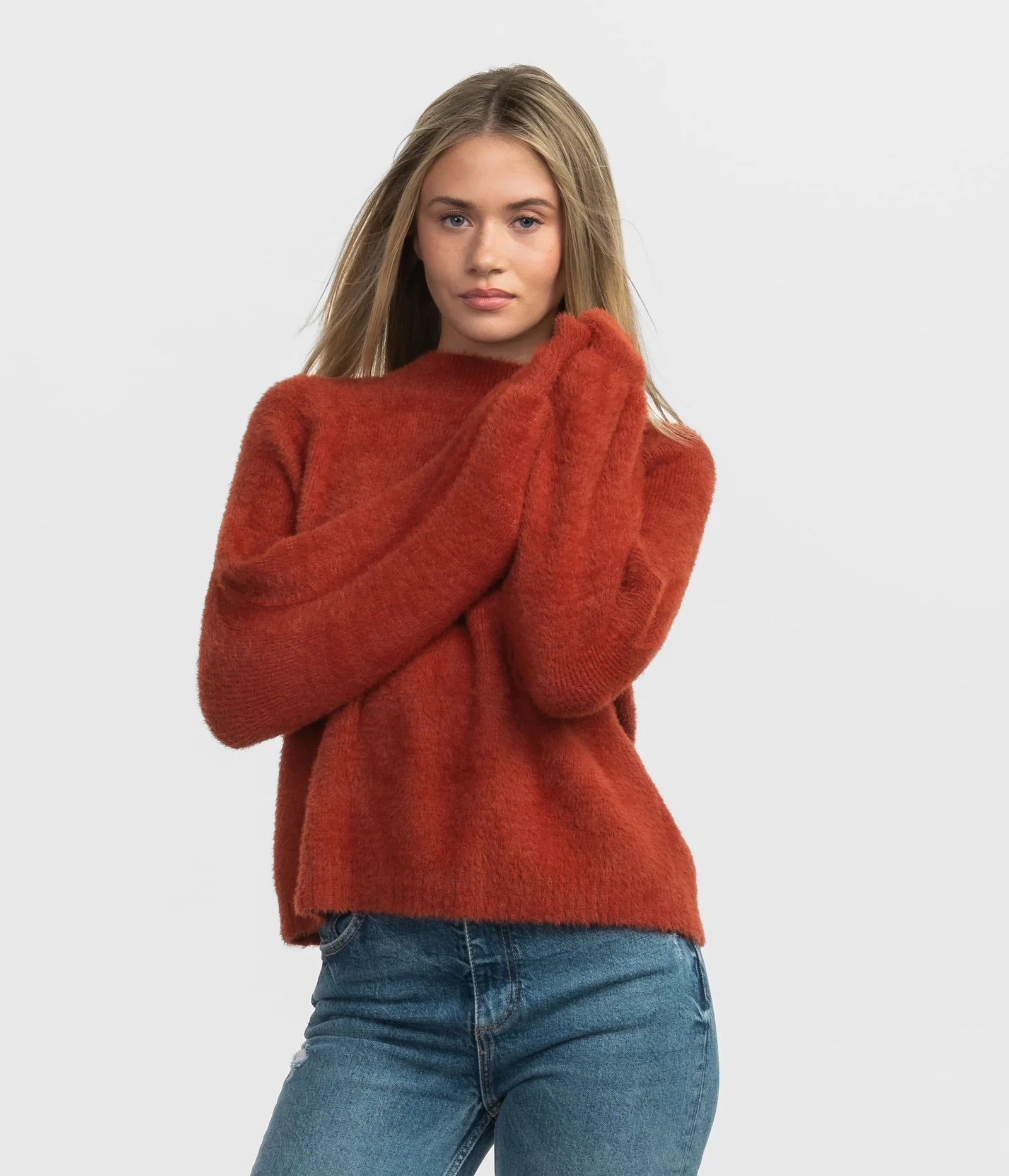 Mock Neck Women's Alpaca Wool Sweaters in Earth TonesSouthern Shirt Feather Knit Mockneck Sweater - Sugar Swizzle