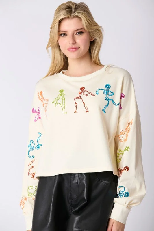 Women's Long Sleeve Turtleneck Cashmere SweatersDancing Skeletons Sequins Embroidery Sweatshirt