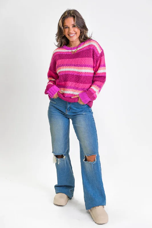 Short Sleeve Women's Cotton Blend Sweaters in Pastel ColorsAll the Good Magenta Striped Crew Neck Sweater