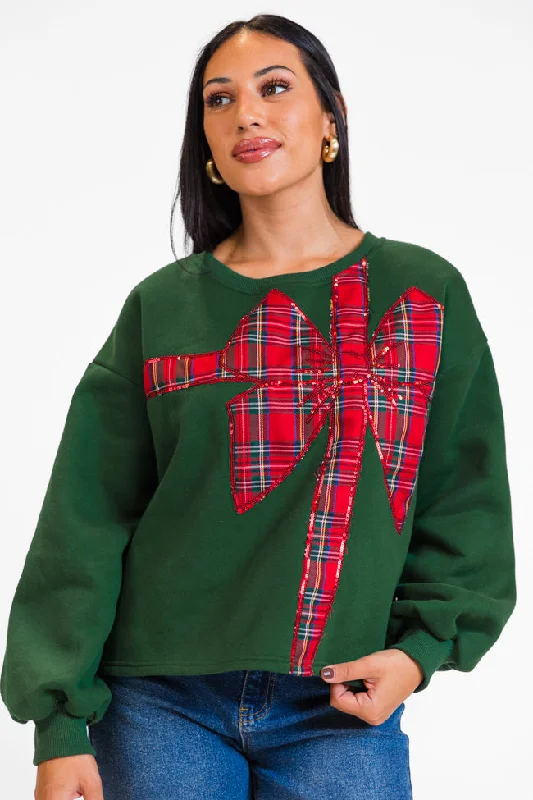 Plus Size Women's Oversized Chunky Knit SweatersAll Tied Up Green Plaid Bow Sweatshirt