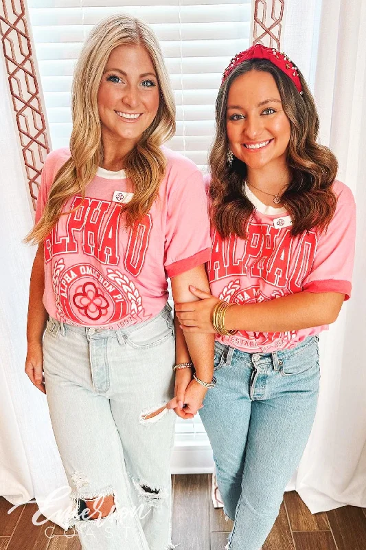 Crew Neck Women T Shirt with a Timeless DesignAlpha Omicron Pi Recruitment Colorblock Ringer Tee