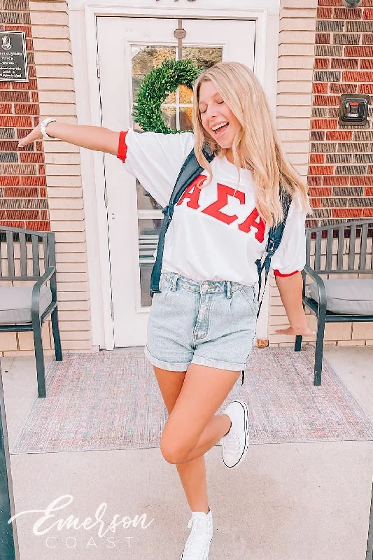 Ringer T Shirt Women with Retro - Inspired StripesAlpha Sigma Alpha Red and White Stitched Letter Jersey