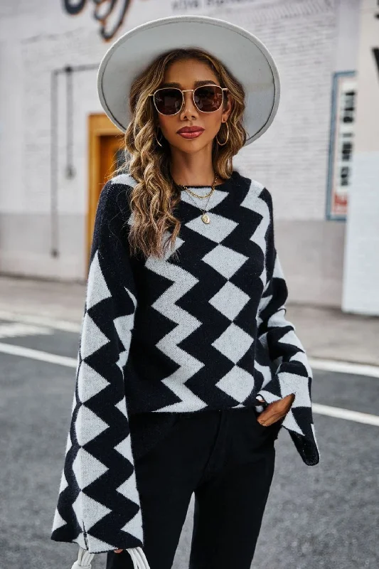 Women's Long Sleeve Turtleneck Cashmere SweatersAngel Wings Geometric Slit Flare Sleeve Round Neck Sweater