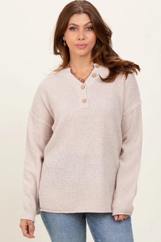 Plus Size Women's Embroidered Sweaters in Ethnic StylesBeige Diamond Knit Button Detail Sweater