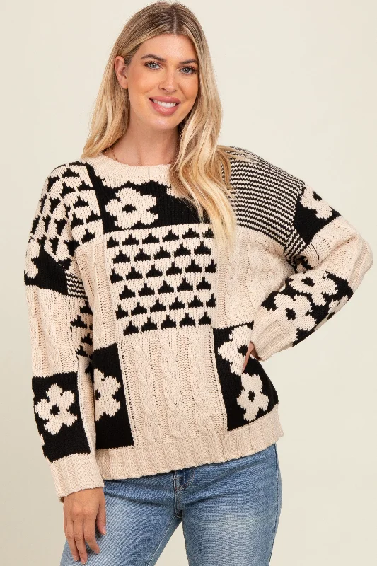 Plus Size Women's Belted Cable Knit SweatersBeige Floral Mixed Print Cable Knit Sweater