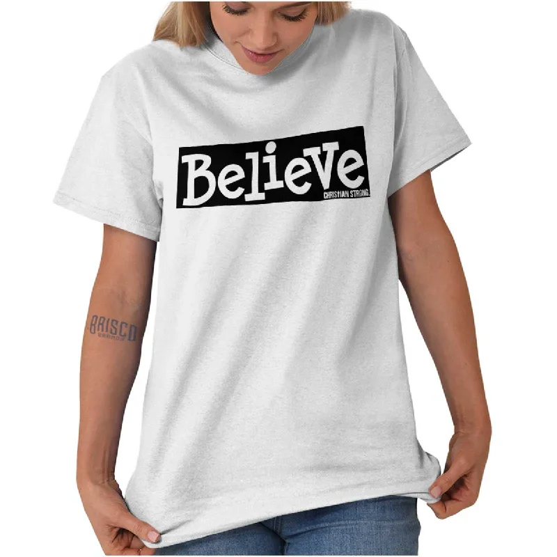 Embroidered Women T Shirt with Intricate DetailsBelieve Christian T Shirt