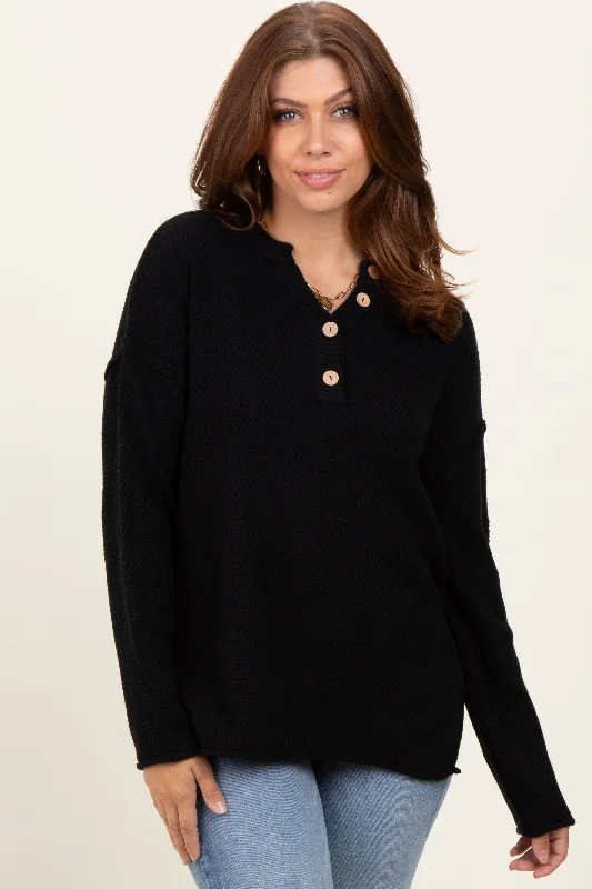 Plus Size Women's Embroidered Sweaters in Ethnic StylesBlack Diamond Knit Button Detail Sweater