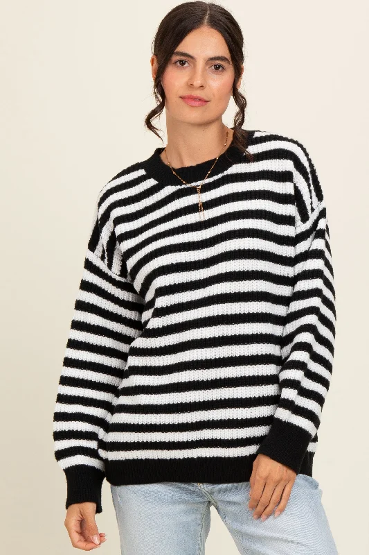 Bell - Sleeve Women's Mohair - Wool Blend SweatersBlack Striped Crew Neck Sweater