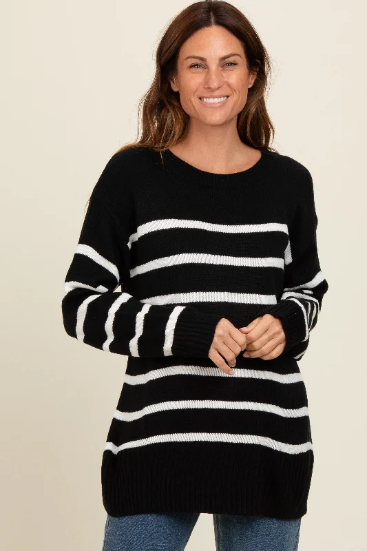 Short Sleeve Women's Cotton Blend Sweaters in Pastel ColorsBlack Striped Side Slit Sweater