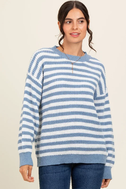 High - Low Hem Women's Cashmere - Blended SweatersBlue Striped Crew Neck Sweater