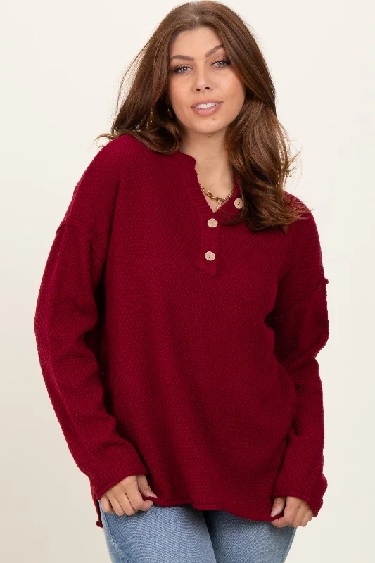 Open - Front Women's Cardigan - Style Mohair SweatersBurgundy Diamond Knit Button Detail Sweater