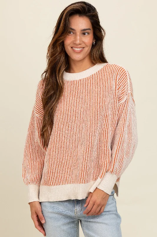 Plus Size Women's Oversized Chunky Knit SweatersCamel Ribbed Balloon Sleeve Sweater