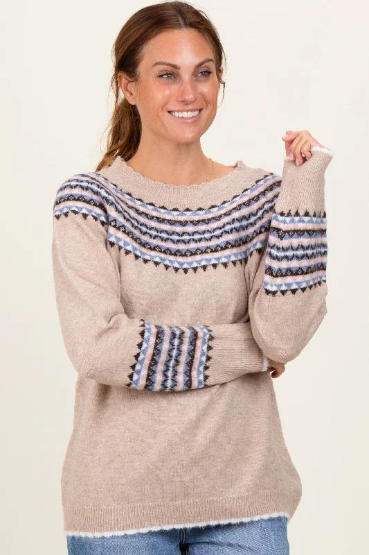 Plus Size Women's Side - Slit Sweaters in Bold SolidsCream Fair Isle Print Sweater