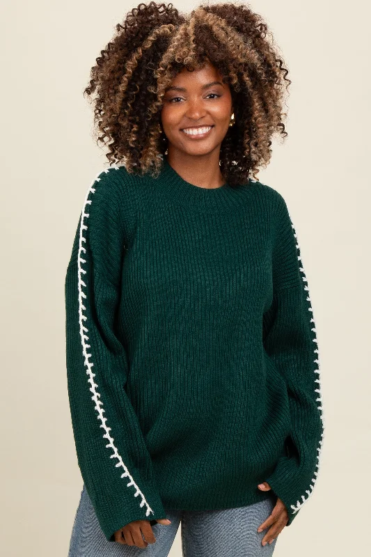 Hooded Women's Fleece - Lined Sweaters for WinterForest Green Contrast Stitch Sweater