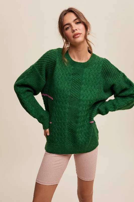 High - Low Hem Women's Cashmere - Blended SweatersGreen Striped Mixed Cable Knit Sweater