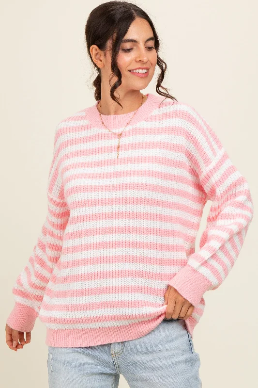 Button - Down Women's Shetland Wool Sweaters in Traditional PatternsLight Pink Striped Crew Neck Sweater