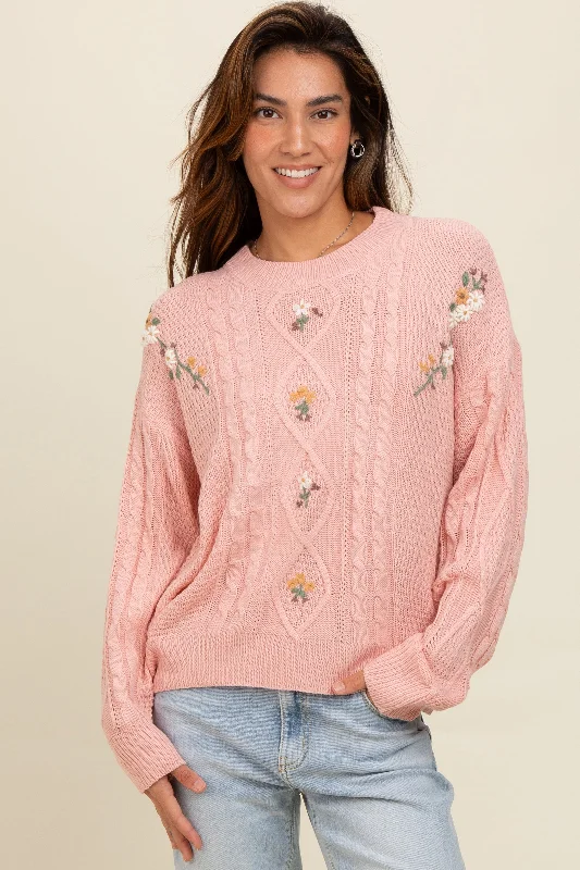 Mock Neck Women's Alpaca Wool Sweaters in Earth TonesMauve Embroidered Flower Cable Knit Sweater