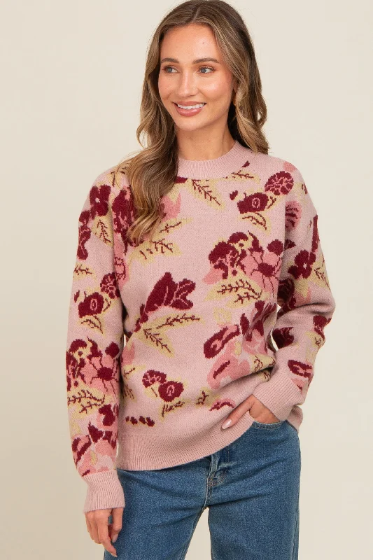 Plus Size Women's Oversized Chunky Knit SweatersMauve Floral Print Crew Neck Sweater