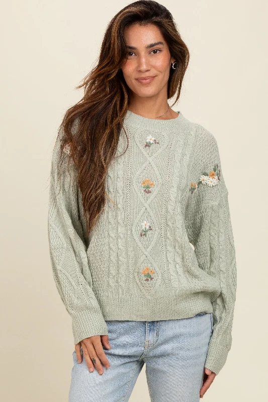 Plus Size Women's Embroidered Sweaters in Ethnic StylesMint Green Embroidered Flower Cable Knit Sweater