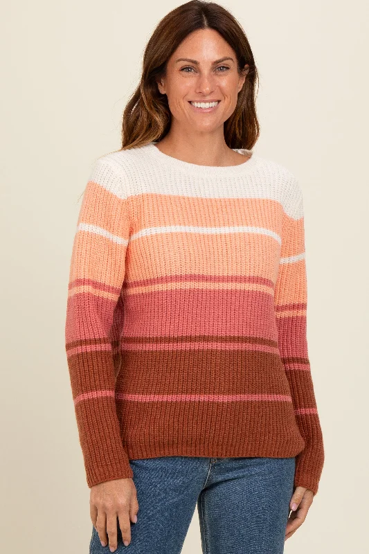 High - Low Hem Women's Cashmere - Blended SweatersPeach Mixed Stripe Sweater