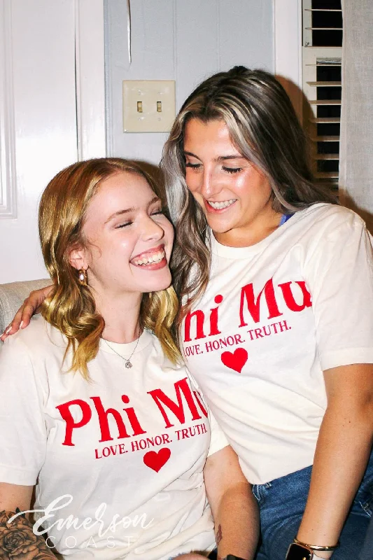 Sheer Women T Shirt for a Stylish and Alluring LookPhi Mu Love Honor Truth Recruitment Tee