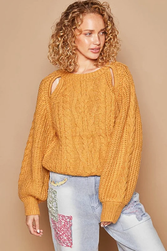 V - Neck Women's Ribbed Wool Sweaters for FallHot Girl Cable Knit Keyhole Long Sleeve Sweater In Mustard