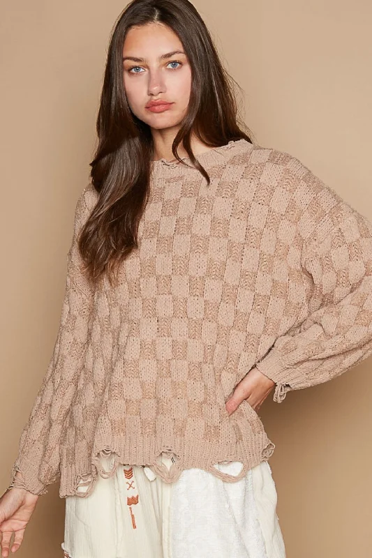 Cropped Women's Angora Blend Sweaters for a Trendy LookHot Girl Checkered Distressed Edge Sweater In Beige