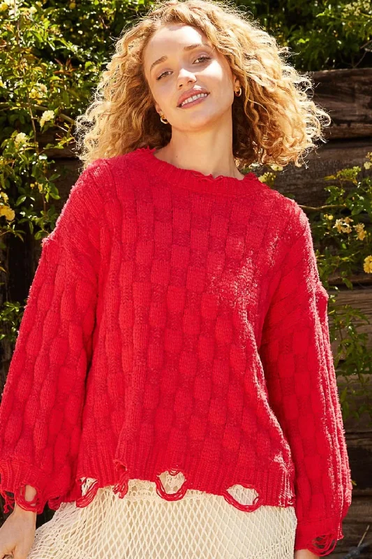 Plus Size Women's Embroidered Sweaters in Ethnic StylesHot Girl Checkered Distressed Edge Sweater In Candy Apple Red