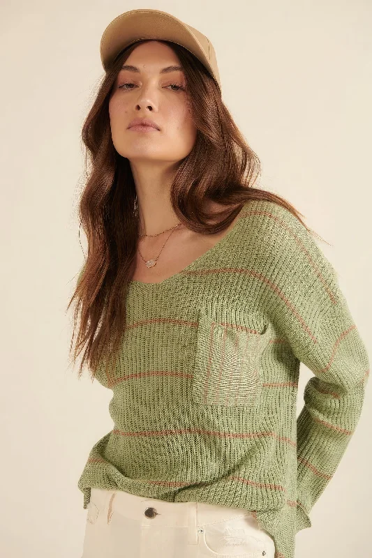 Open - Front Women's Cardigan - Style Mohair SweatersHot Girl Striped Ribbed Knit Oversized Pocket Sweater