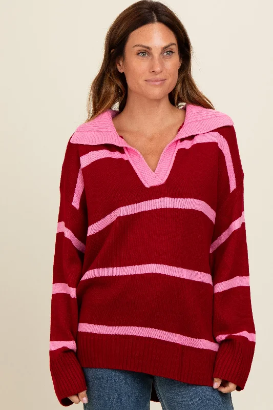 Plus Size Women's Sequined Sweaters for Special OccasionsRed Striped Collared Sweater