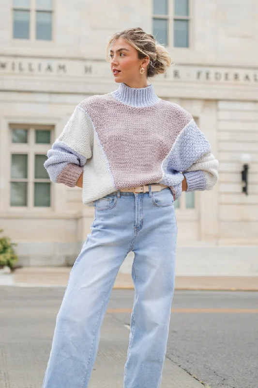 Tie - Front Women's Lambswool Sweaters in Pastel HuesSkyline View Ivory and Blue Mock Neck Color Block Sweater