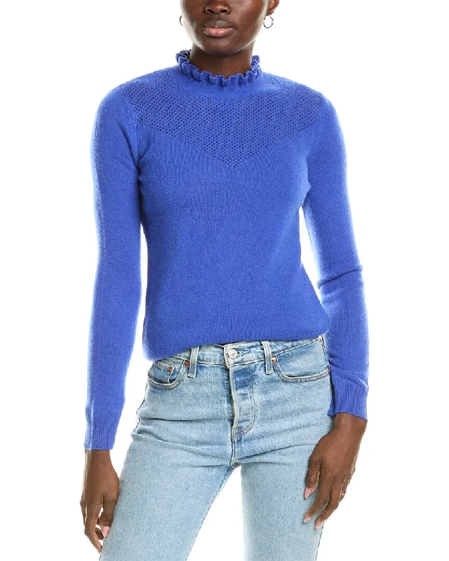 Cropped Women's Angora Blend Sweaters for a Trendy Looksofiacashmere Ruffle Mock Neck Mesh Stitch Cashmere Sweater