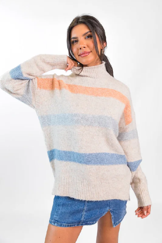 Button - Down Women's Shetland Wool Sweaters in Traditional PatternsStripe Up A Conversation Navy and Orange Turtleneck Sweater