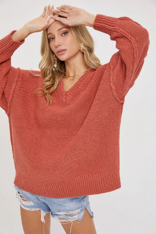 Short Sleeve Women's Cotton Blend Sweaters in Pastel ColorsHot Girl Marsala Bliss V-Neck Oversized Sweater