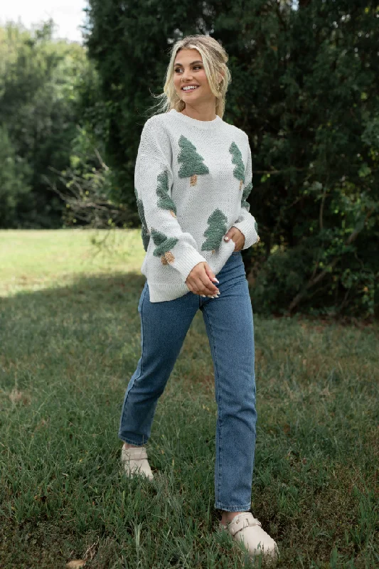 High - Low Hem Women's Cashmere - Blended SweatersUnder The Mistletoe Cream and Green Christmas Tree Sweater