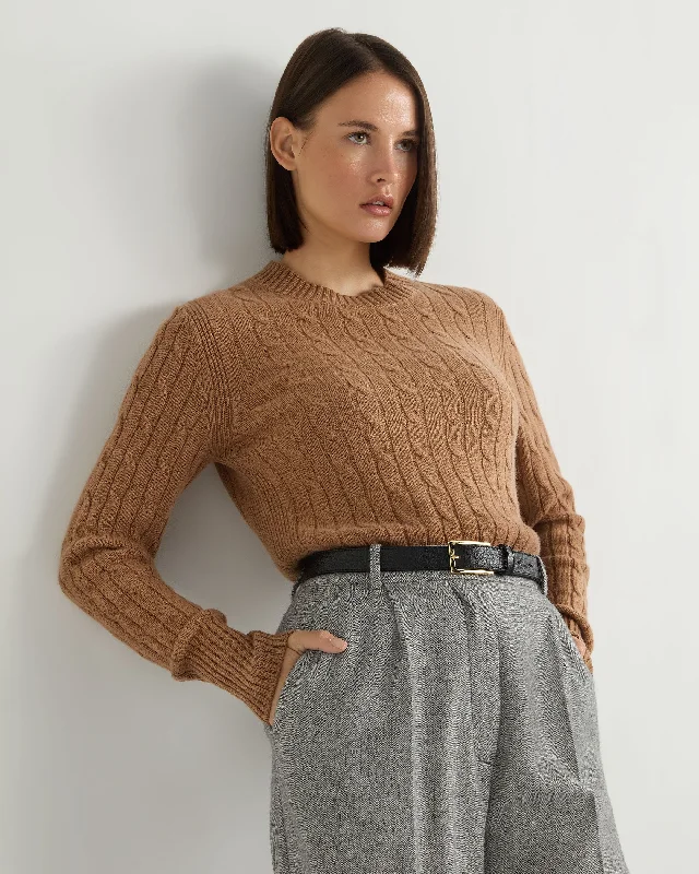 Open - Front Women's Cardigan - Style Mohair SweatersWomen's Adelyn Cable Round Neck Cashmere Sweater Dark Camel Brown