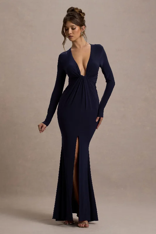 Long - Sleeve Women Dress in Velvet for a Luxurious Winter LookAluna | Navy Plunge-Neck Twisted Split Maxi Dress