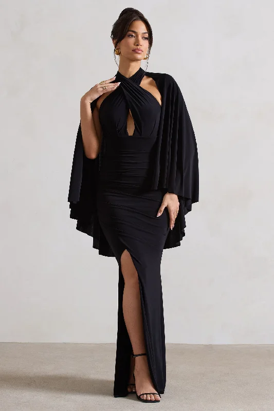 Ruffled Women Dress with Multiple Layers for a Playful and Girly StyleAudrina | Black Ruched Halter-Neck Split Maxi Dress With Cape