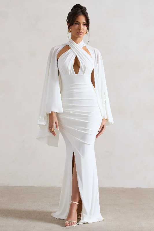 Strapless Women Dress with a Built - in Bra for Comfort and SupportAudrina | White Ruched Halter-Neck Split Maxi Dress With Cape