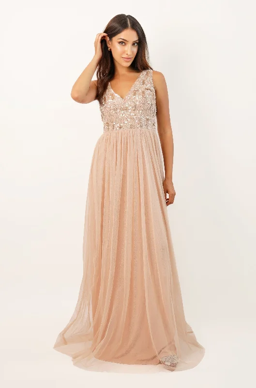 Mermaid - Style Women Dress with a Fitted Silhouette for Special OccasionsAurora Nude Embellished Maxi Dress