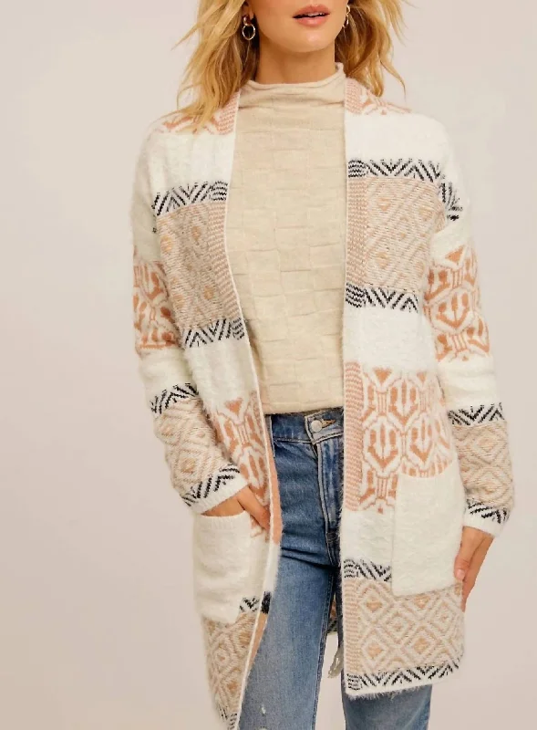 machine washable women cardigan for easy careAztec Print Open Cardigan In White/taupe/black