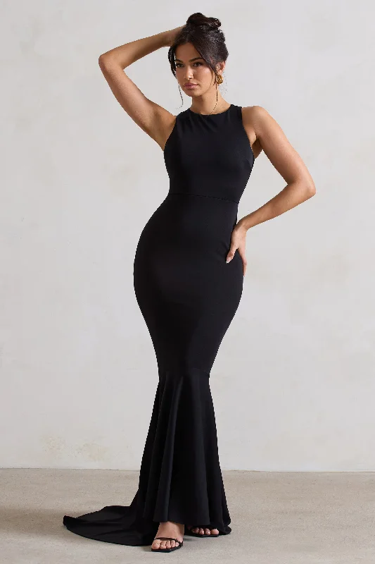 Little Black Women Dress with Sequins for a Glamorous Night OutBodhi | Black Racer-Neck Fishtail Maxi Dress