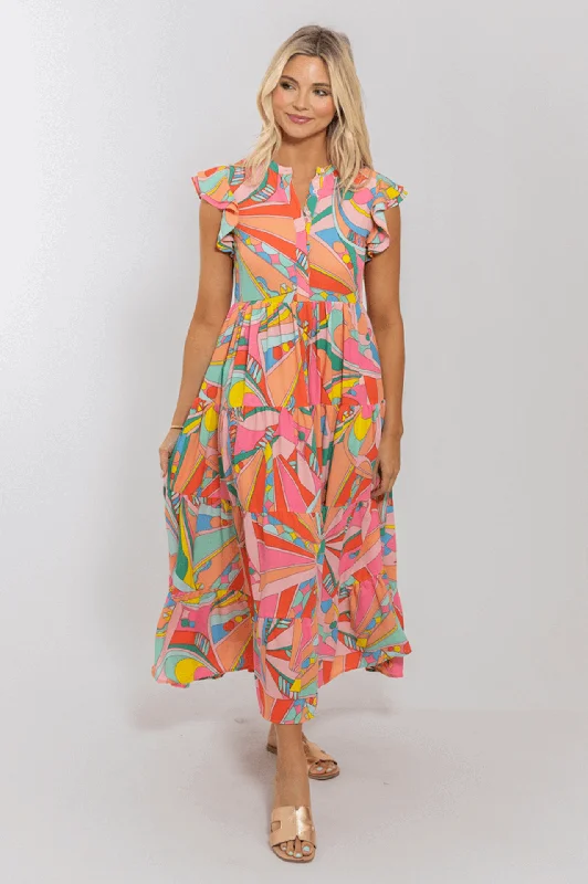 Halter Neck Women Dress to Show Off the Shoulders and NecklineBright Geometric Maxi Dress