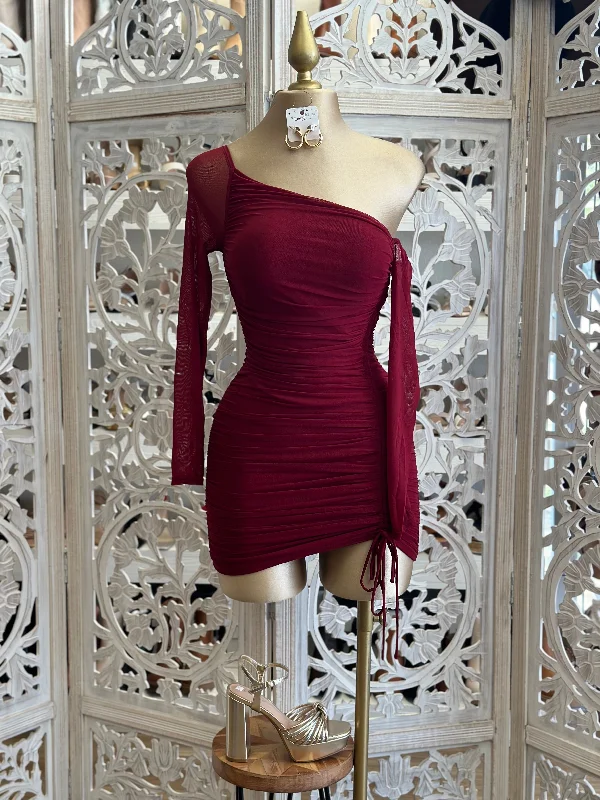 Ball Gown Women Dress with a Full Skirt for a Princess - like LookBurgundy Asymmetrical Ruched Mini Dress-Stretchy